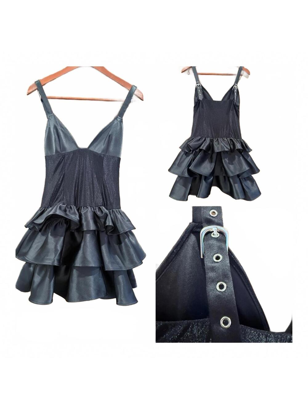 OW Collection Elegant Black Corset Ruffled Mini Dress w Strap Detail NWT